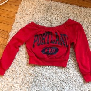 Cropped off the shoulder red sweater from garage. Size xs. Great condition!
